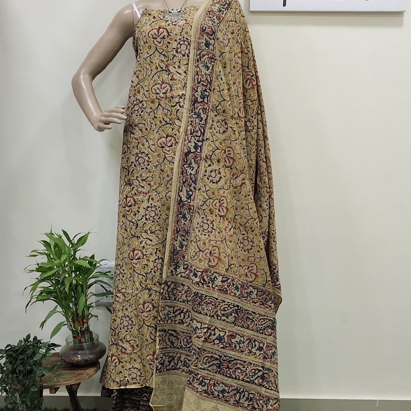 Cotton hand block Kalamkari kurta fabric and dupatta - Design 4 – Phulari